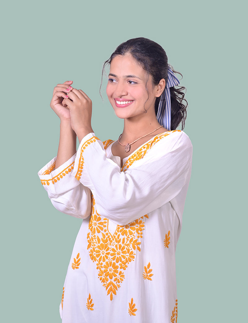 Women's Rayon Cotton White Yellow Thread Chikankari Kurta