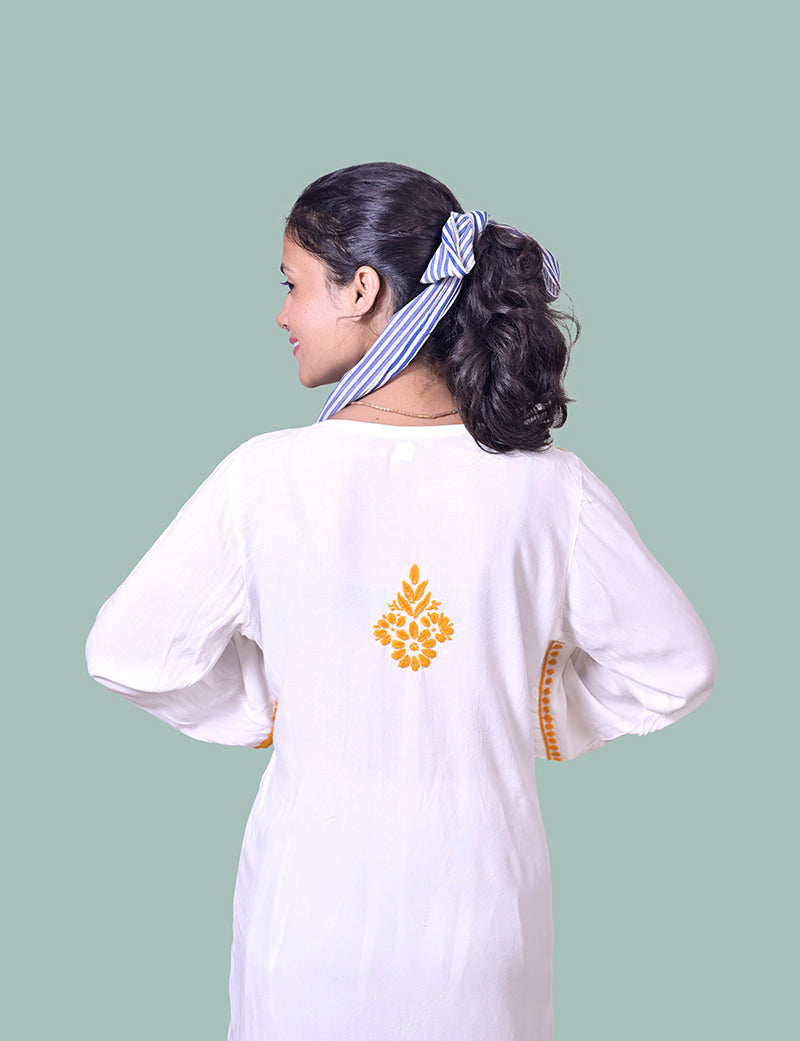 Women's Rayon Cotton White Yellow Thread Chikankari Kurta