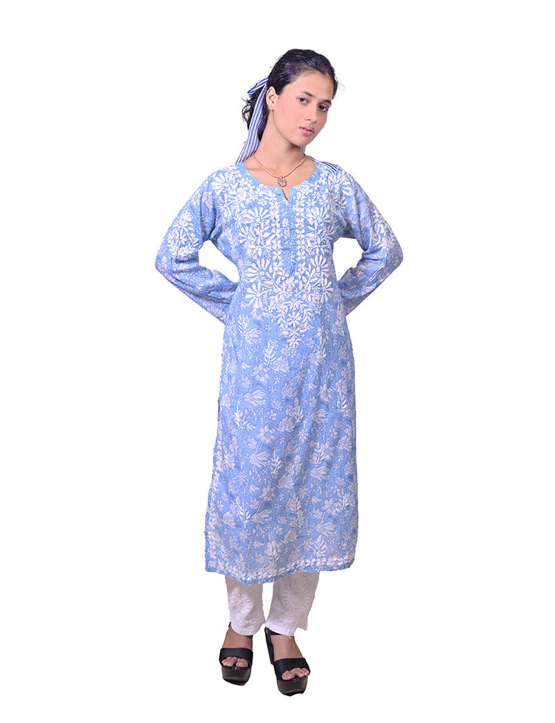Women's Mal Cotton Blue Chikankari Kurta