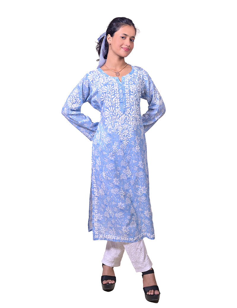 Women's Mal Cotton Blue Chikankari Kurta