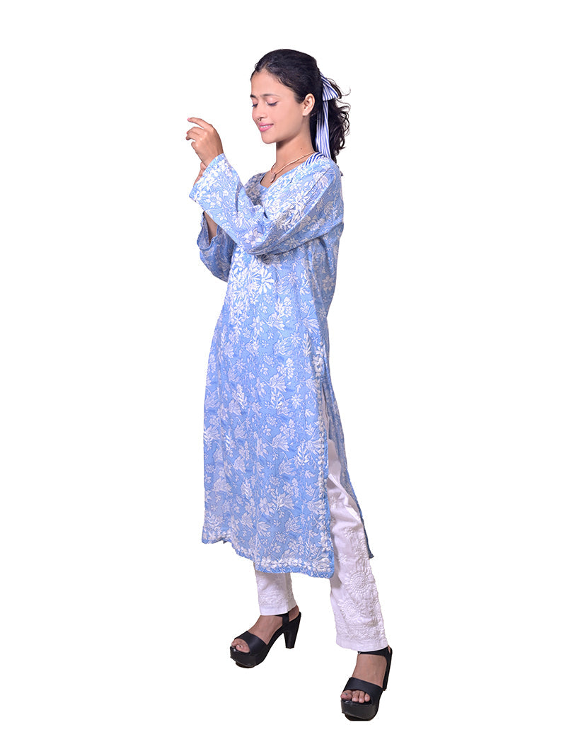 Women's Mal Cotton Blue Chikankari Kurta