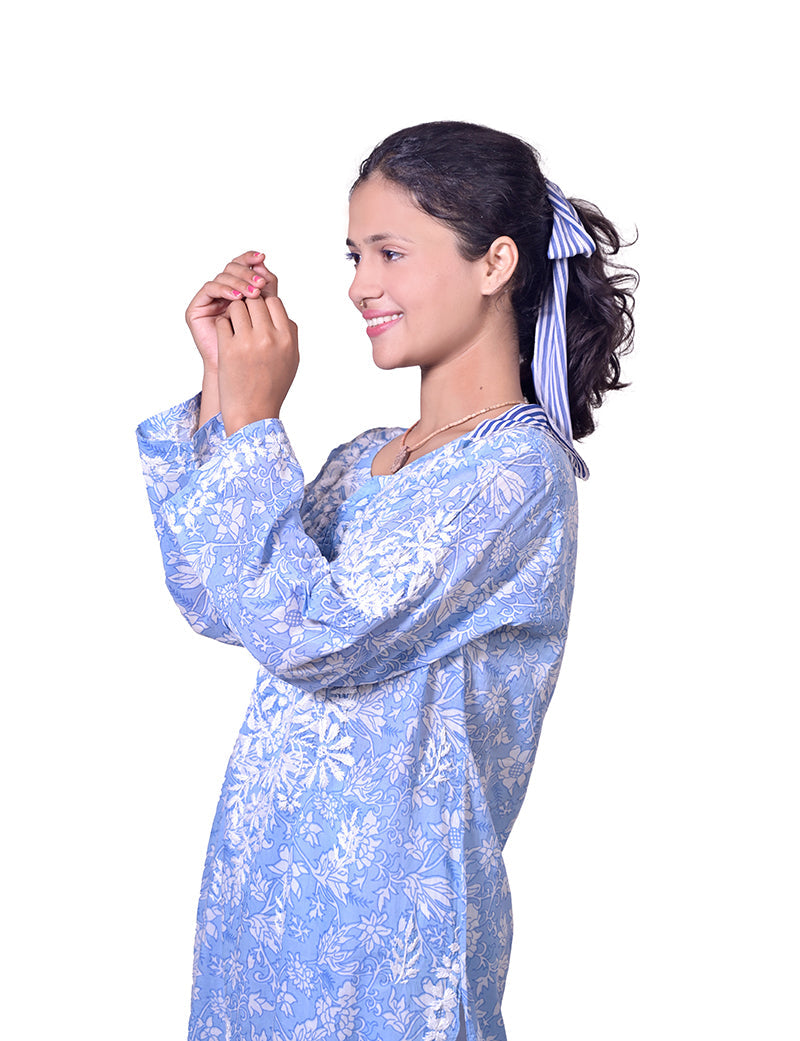 Women's Mal Cotton Blue Chikankari Kurta