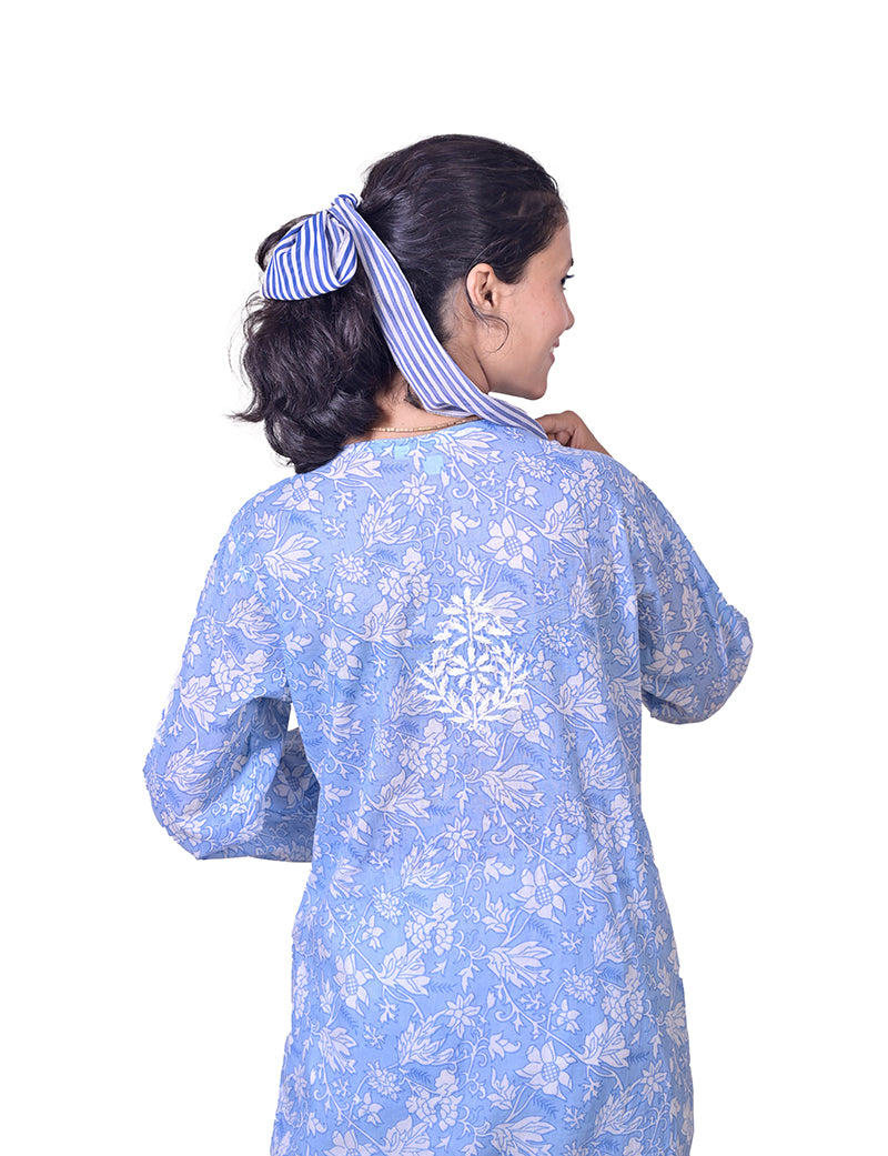 Women's Mal Cotton Blue Chikankari Kurta