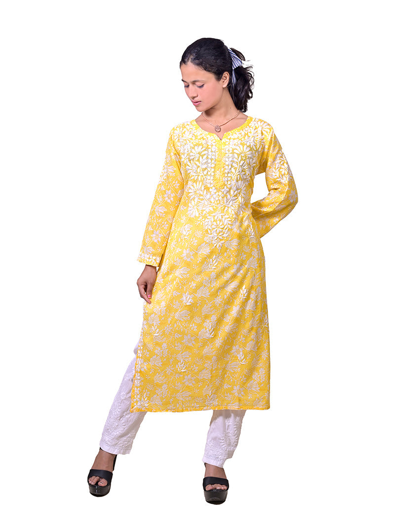 Women's Mal Cotton Yellow Chikankari Kurta