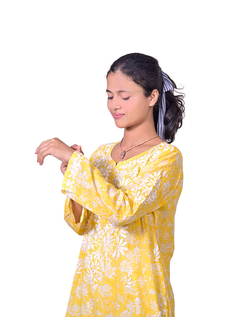 Women's Mal Cotton Yellow Chikankari Kurta