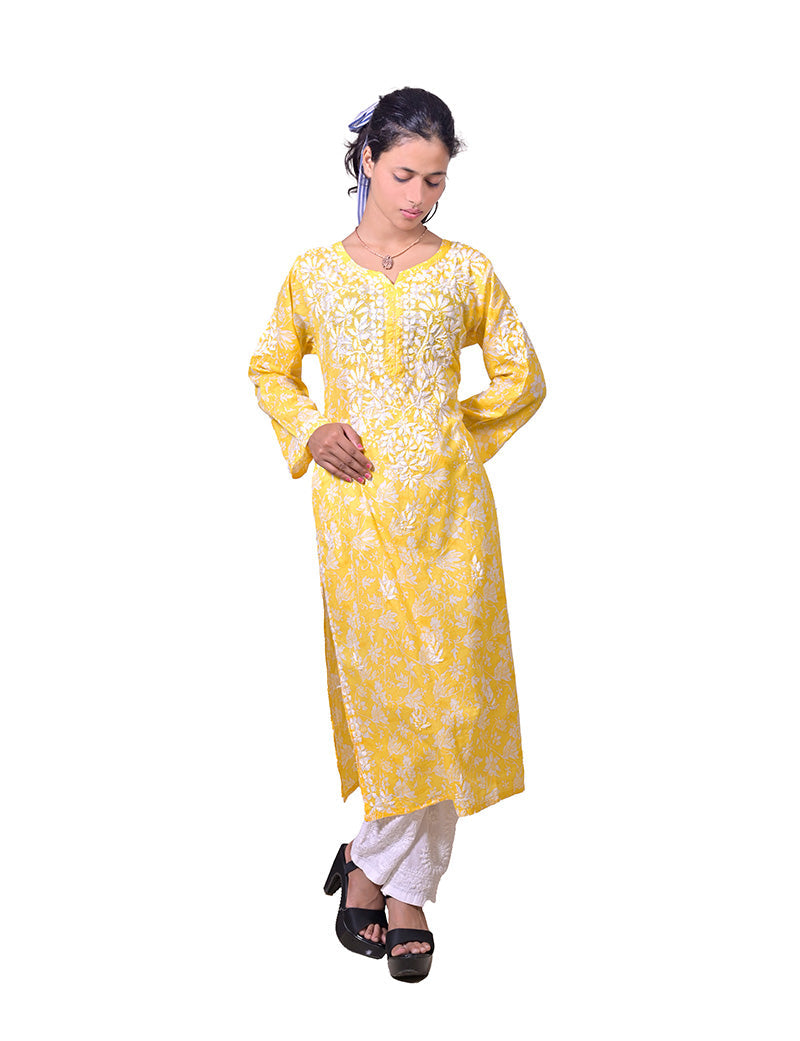 Women's Mal Cotton Yellow Chikankari Kurta