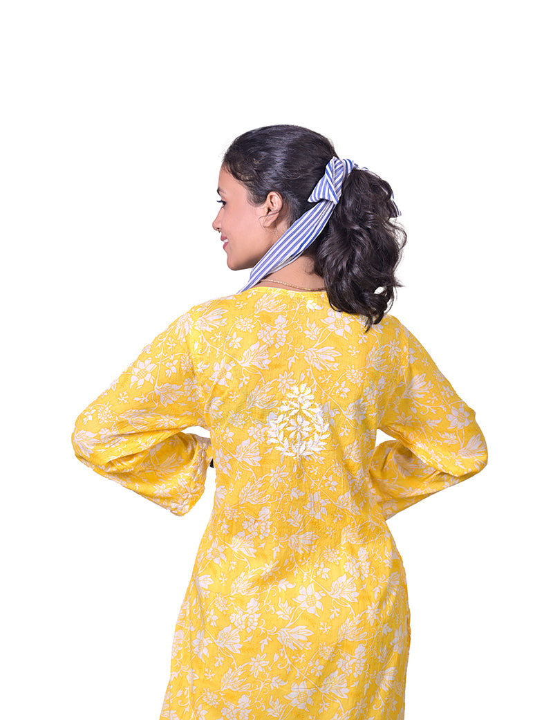 Women's Mal Cotton Yellow Chikankari Kurta