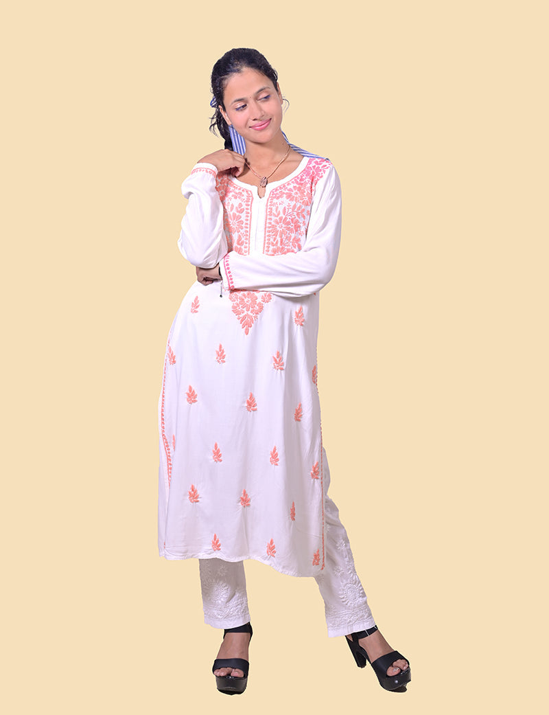 Women's Rayon Cotton White Kurti Peach Color Thread Chikankari Kurta