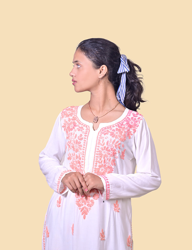 Women's Rayon Cotton White Kurti Peach Color Thread Chikankari Kurta