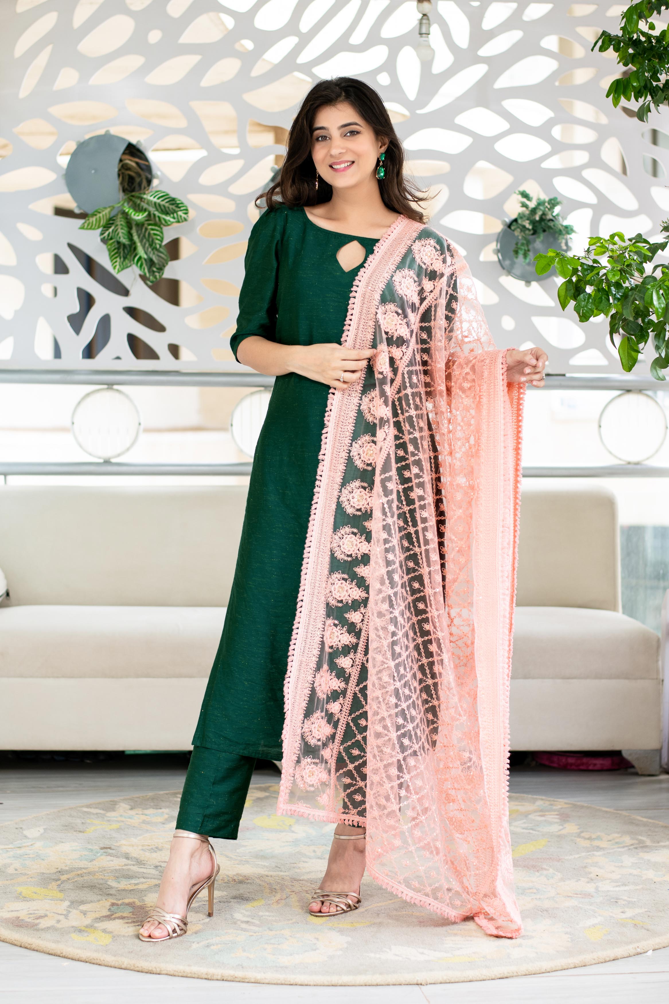 Women's Rama Green Kurta With Heavy Dupatta (3pcs Set)