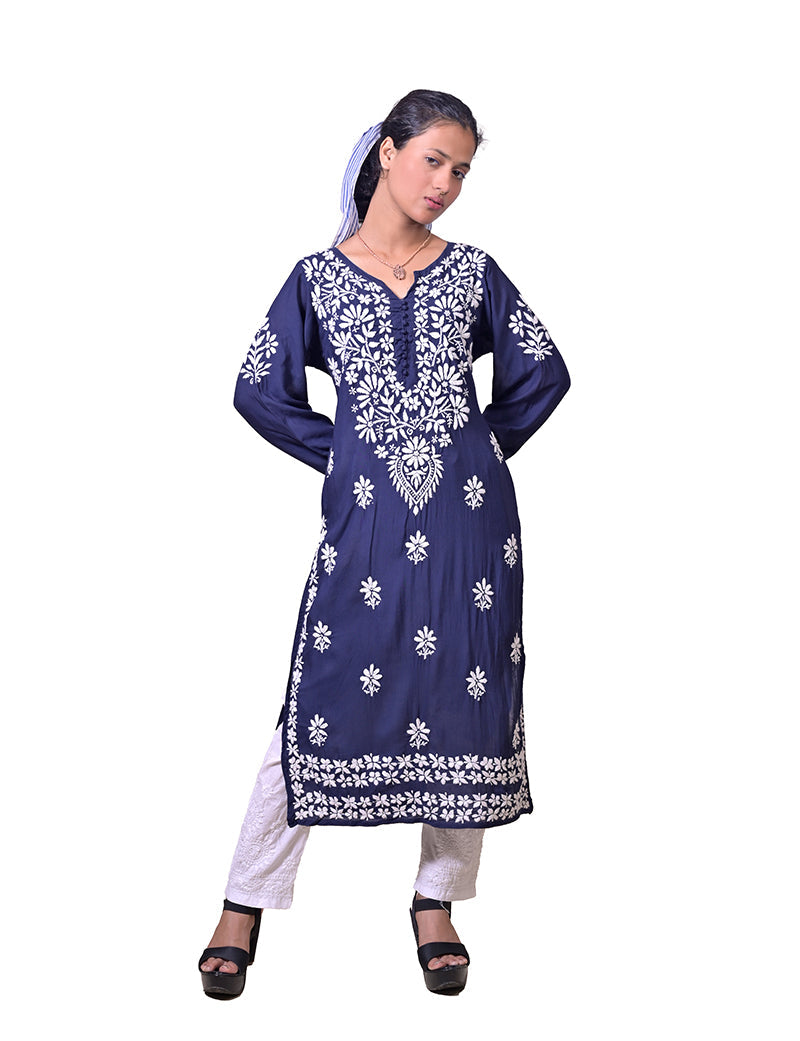 Women's Modal Cotton Navy Blue Chikankari Kurta