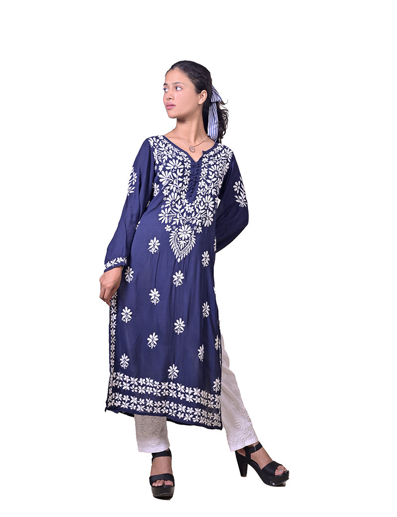 Women's Modal Cotton Navy Blue Chikankari Kurta