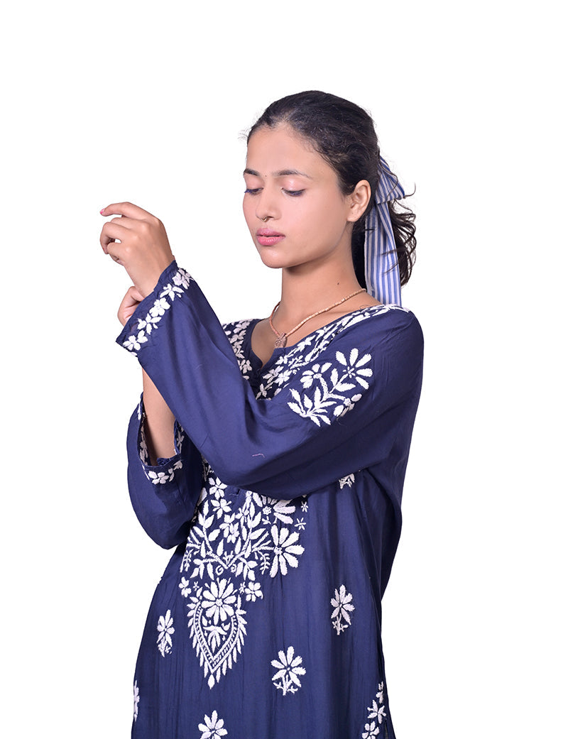 Women's Modal Cotton Navy Blue Chikankari Kurta