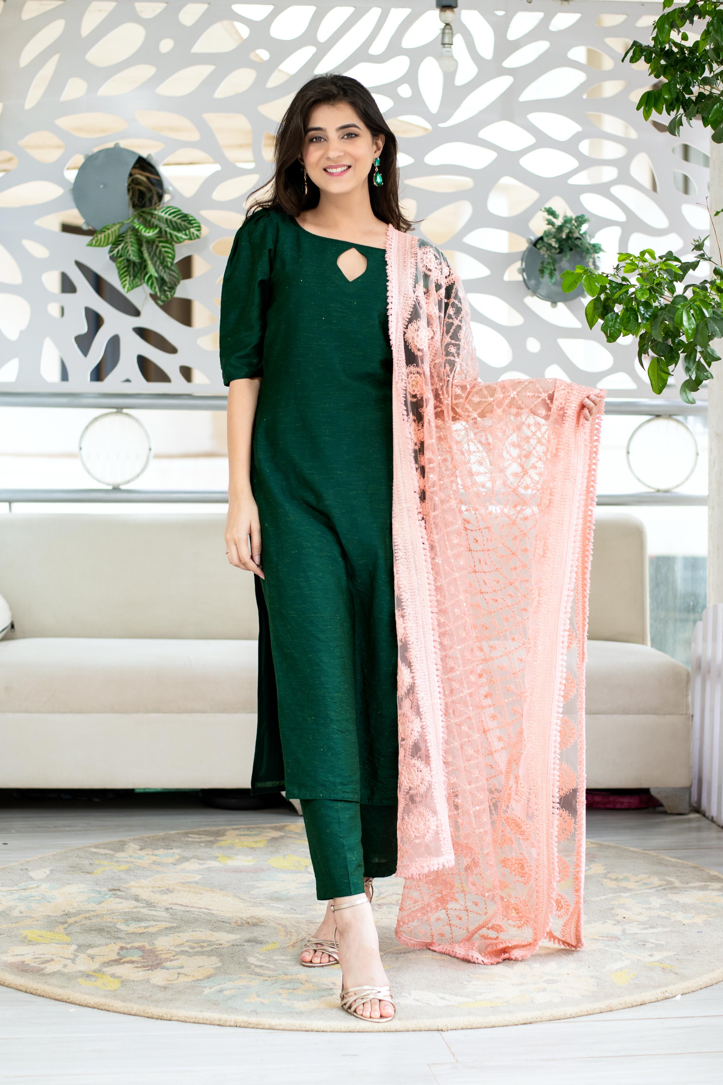 Women's Rama Green Kurta With Heavy Dupatta (3pcs Set)