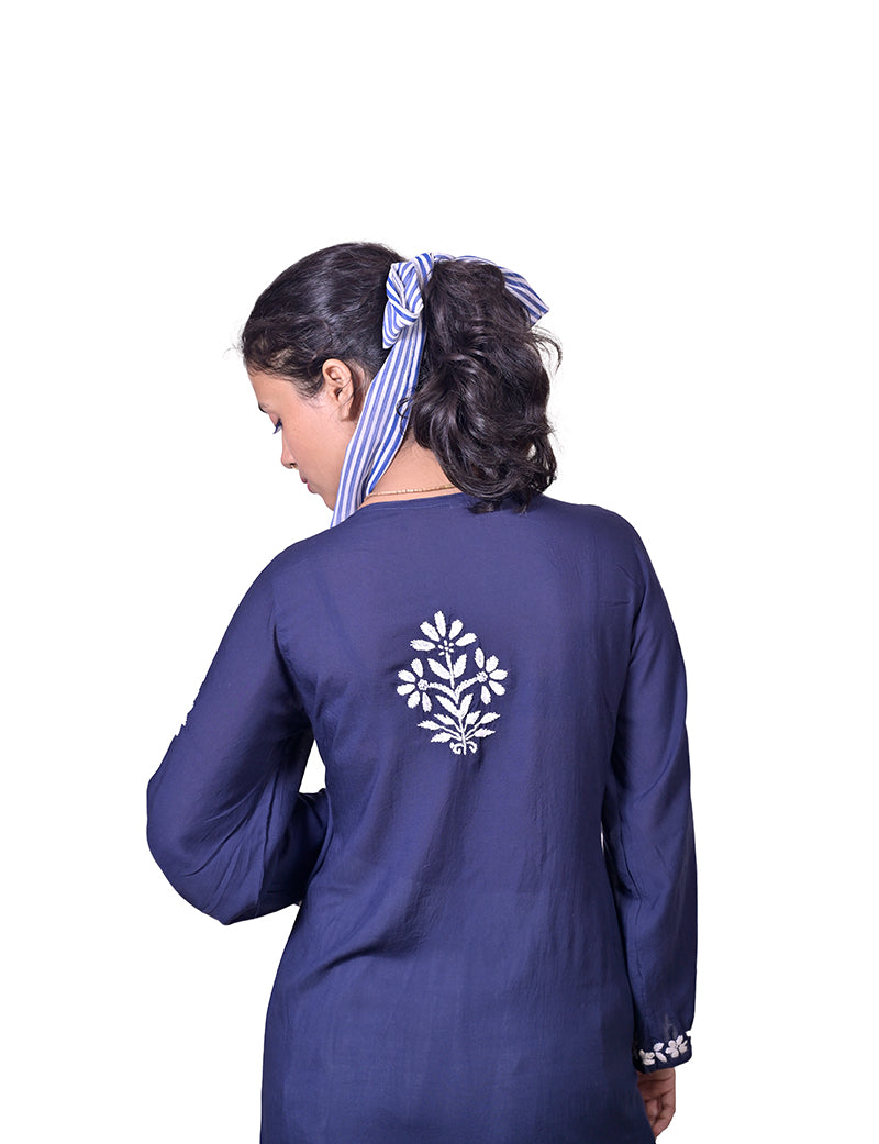 Women's Modal Cotton Navy Blue Chikankari Kurta