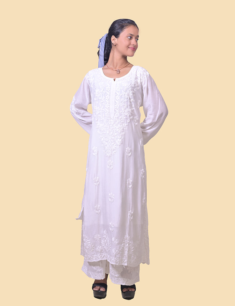Women's Muslin White Aline Chikankari Kurta