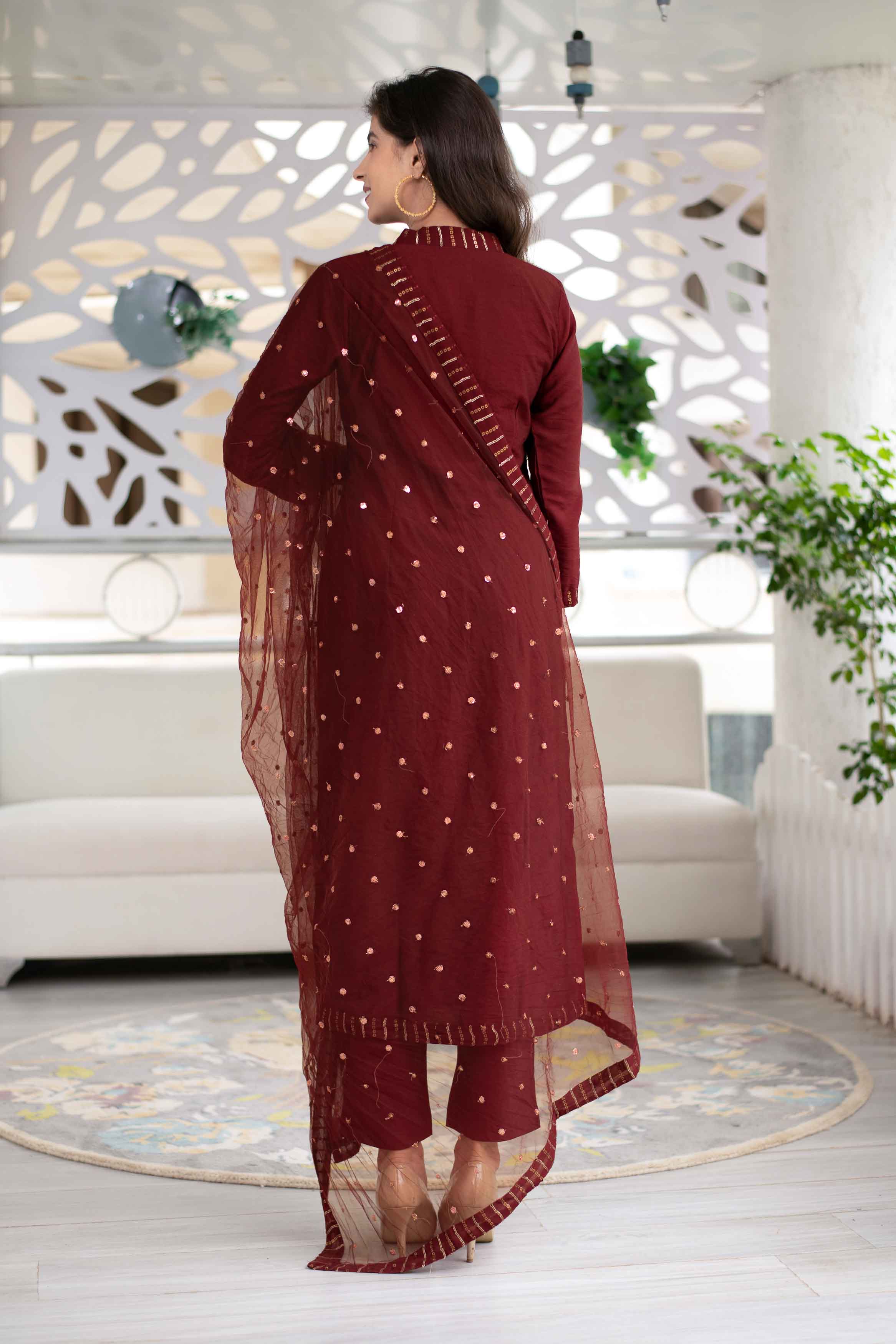 Women's Embellished Maroon Kurta Set (3 Pc Set)