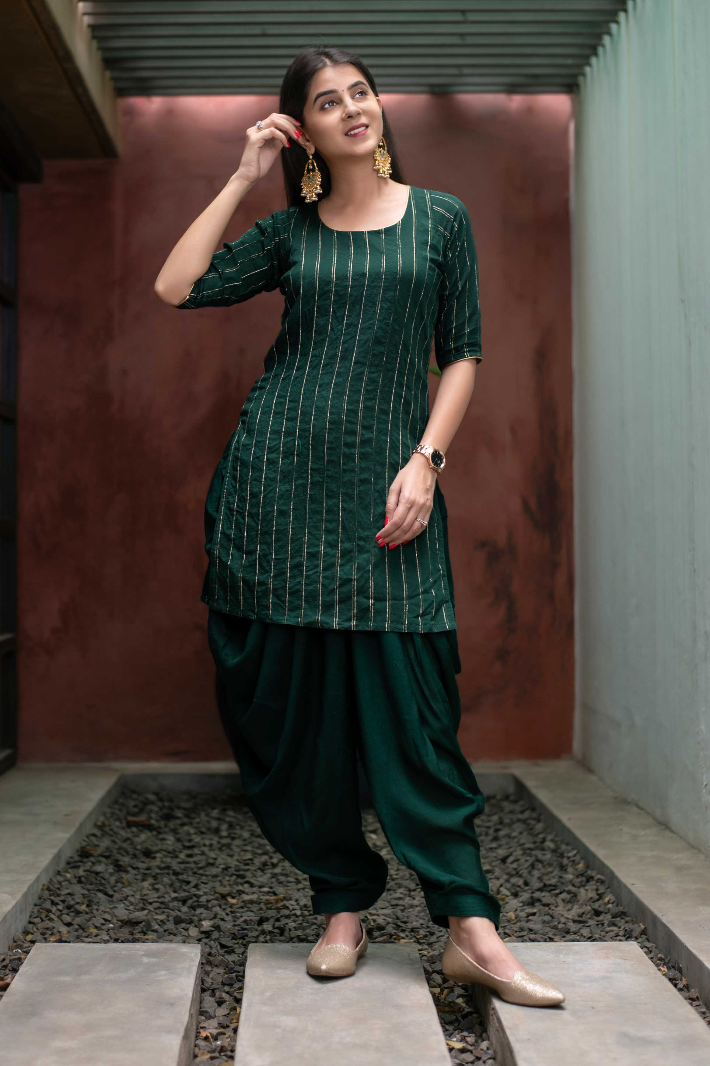 Women's Bottle Green Zari Work Patiala Set (2pc Set)