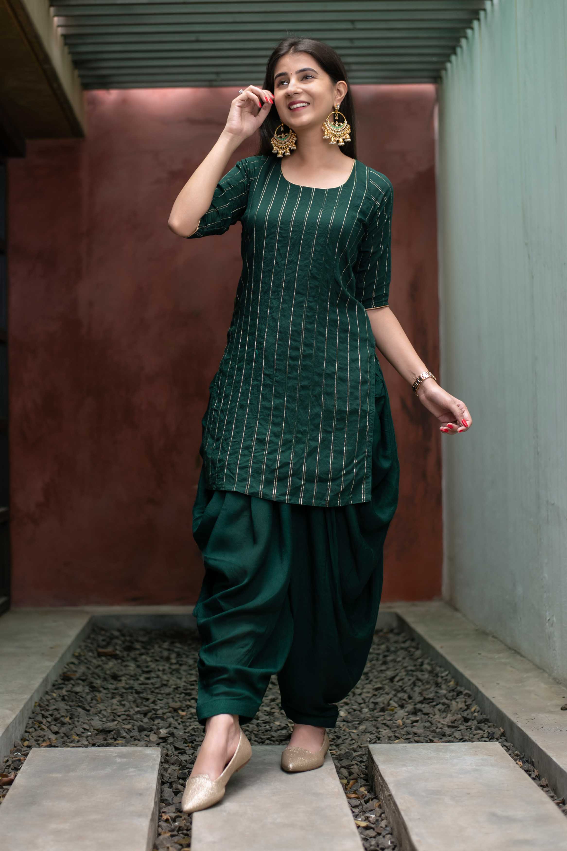 Women's Bottle Green Zari Work Patiala Set (2pc Set)