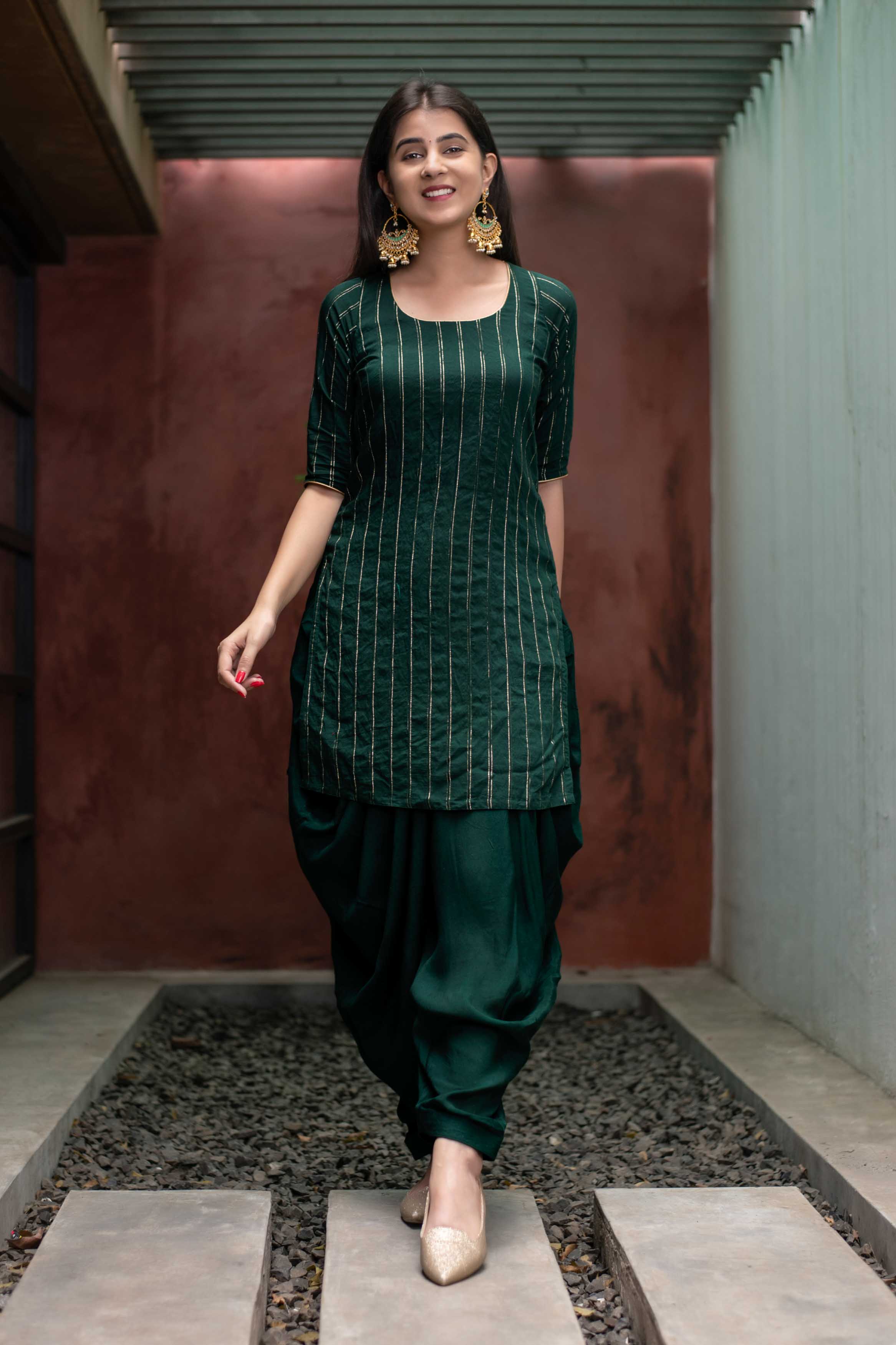 Women's Bottle Green Zari Work Patiala Set (2pc Set)