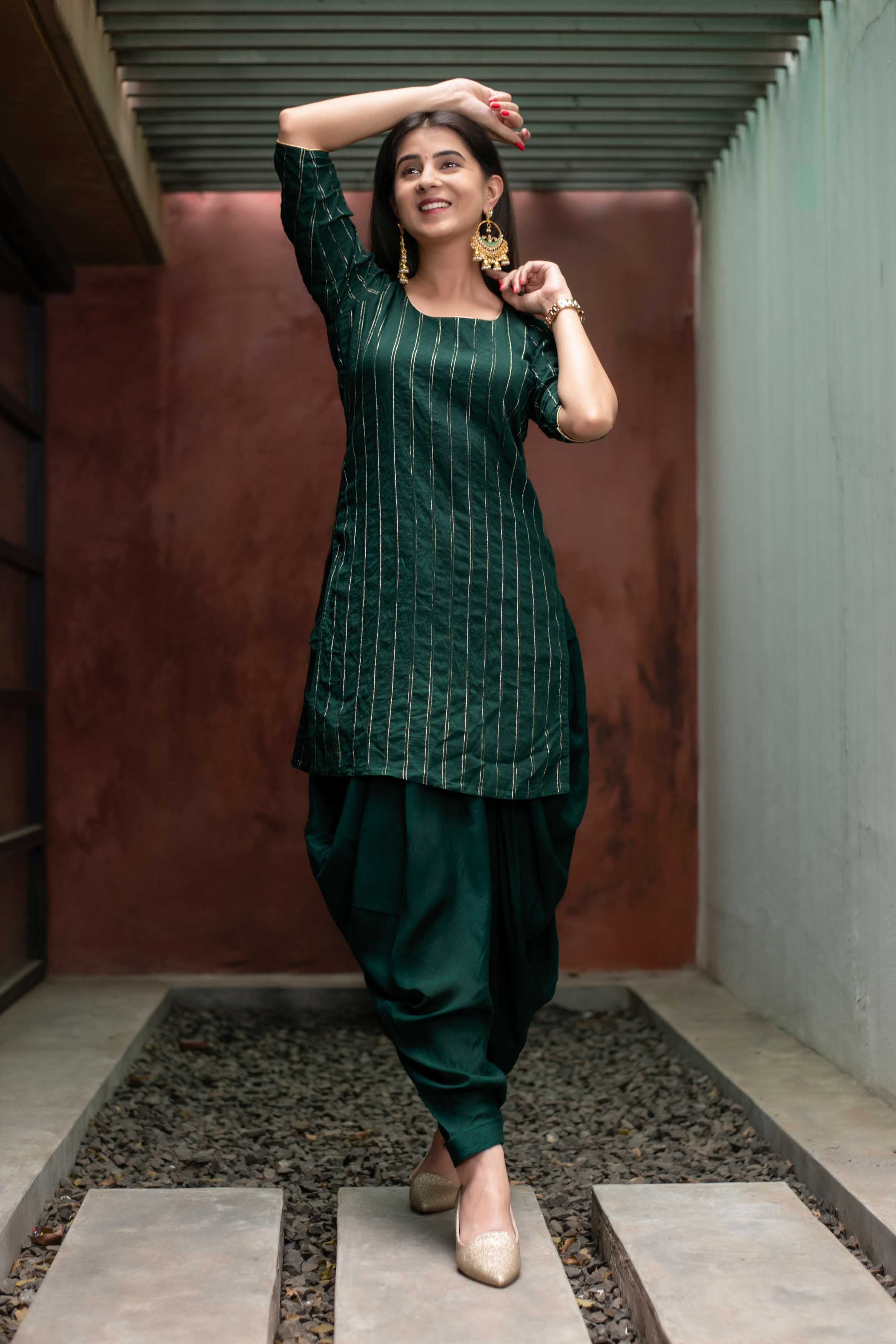 Women's Bottle Green Zari Work Patiala Set (2pc Set)
