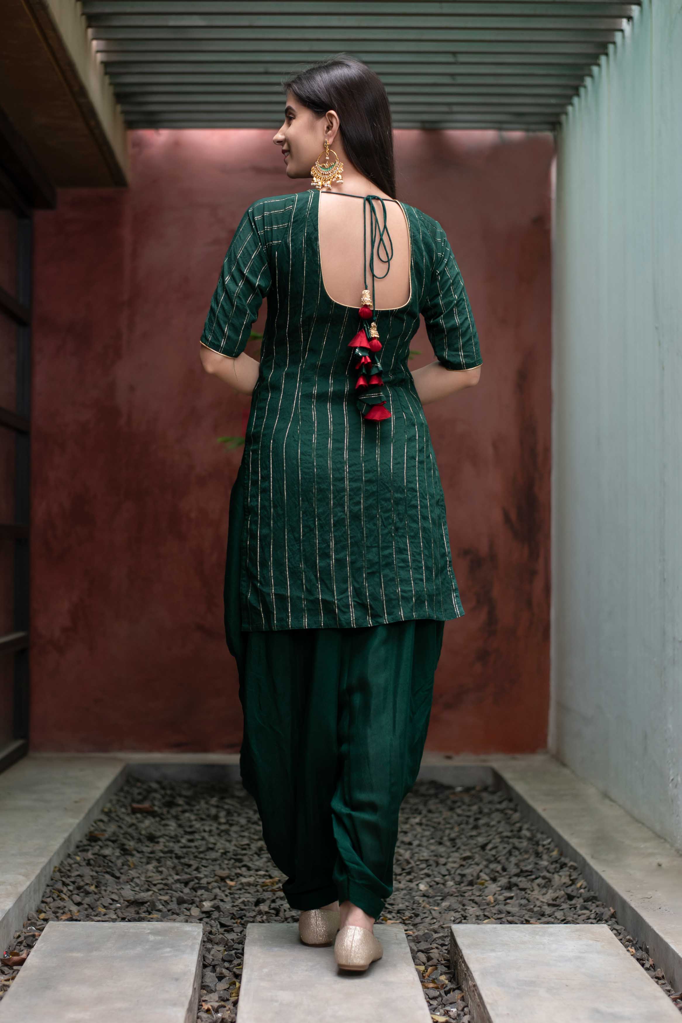 Women's Bottle Green Zari Work Patiala Set (2pc Set)
