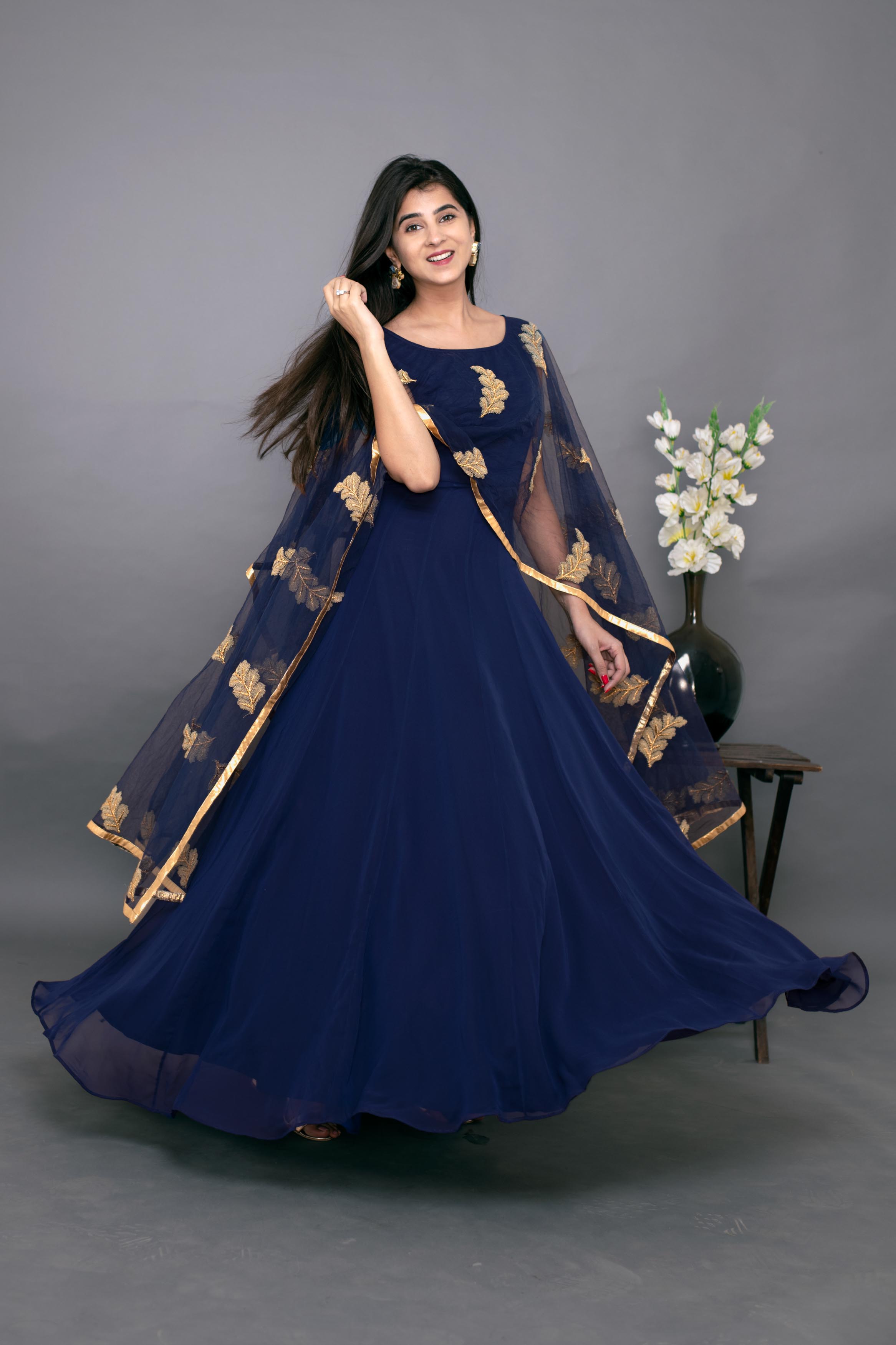 Women's Blue Gown With Attached Dupatta  - Final Clearance Sale