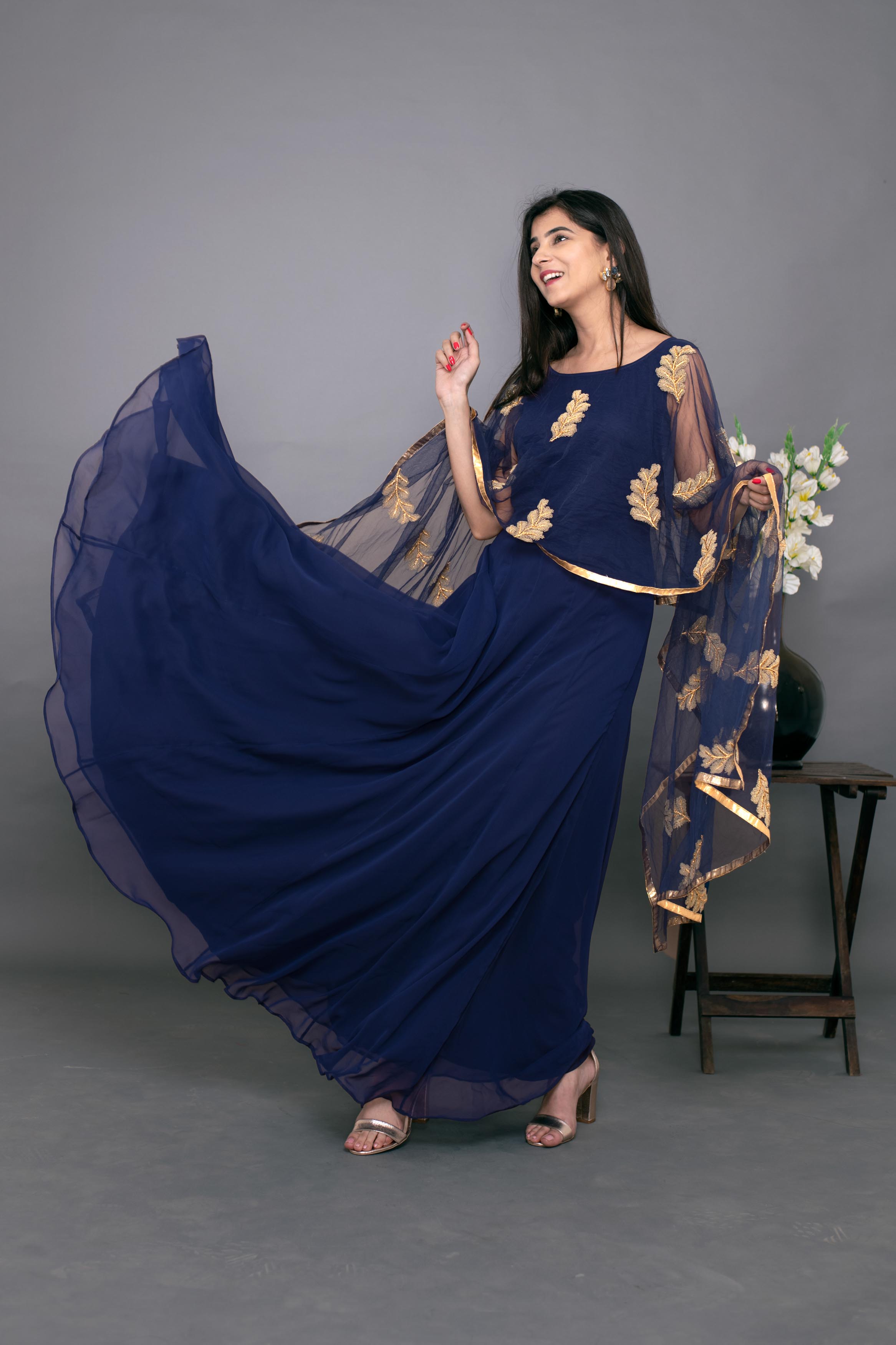 Women's Blue Gown With Attached Dupatta  - Final Clearance Sale