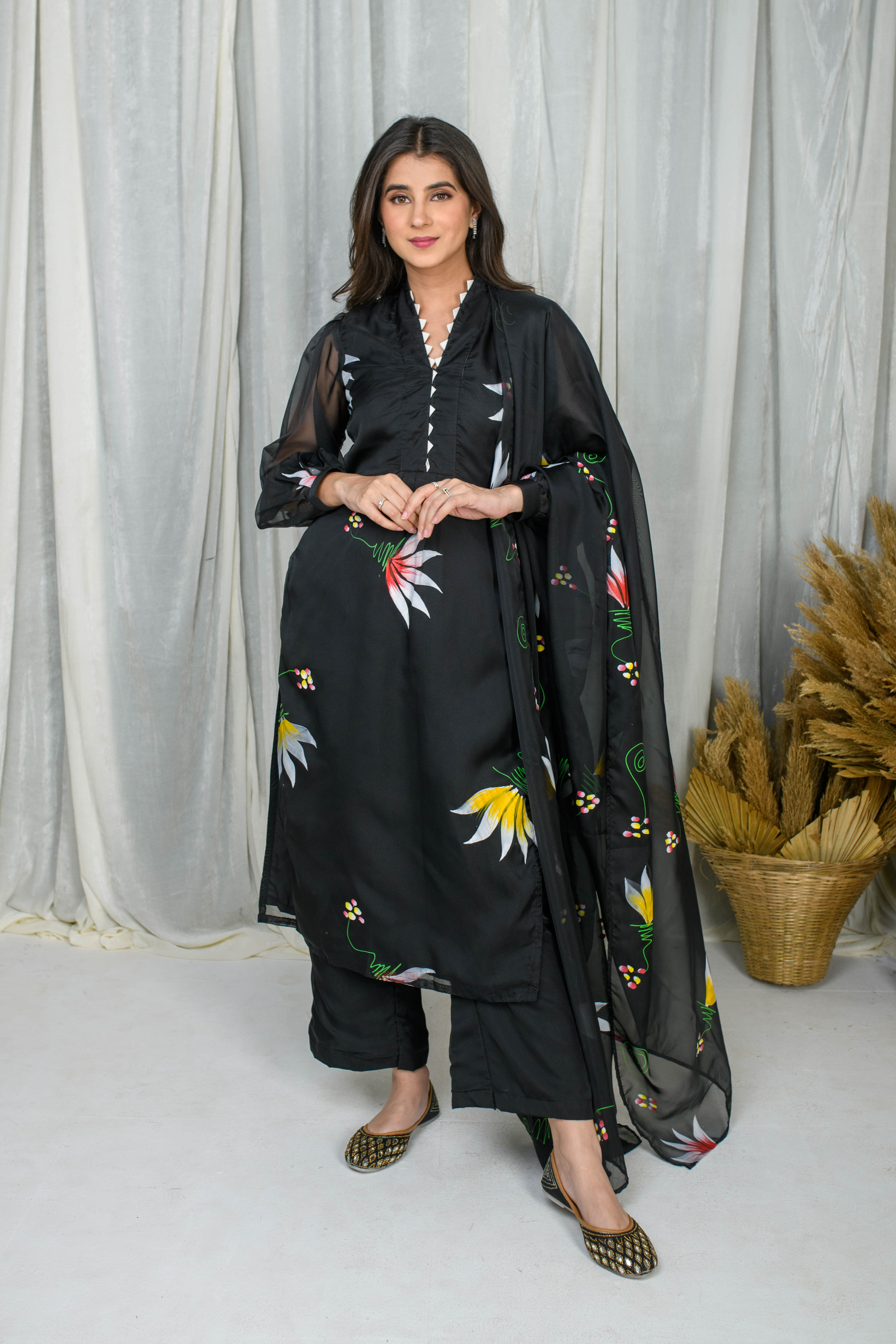 Women's Black Hand Painted Straight Kurta Set