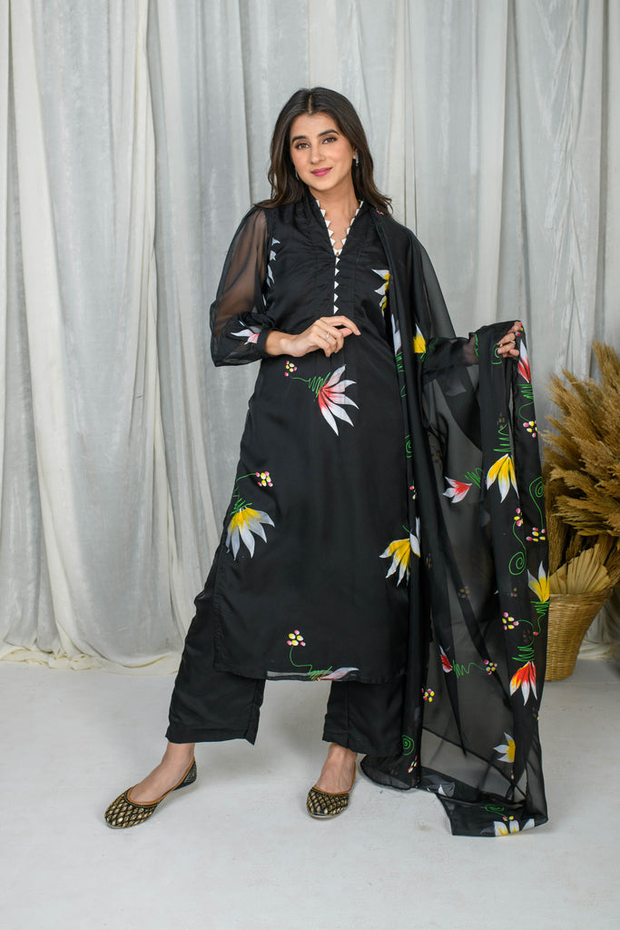 Women's Black Hand Painted Straight Kurta Set