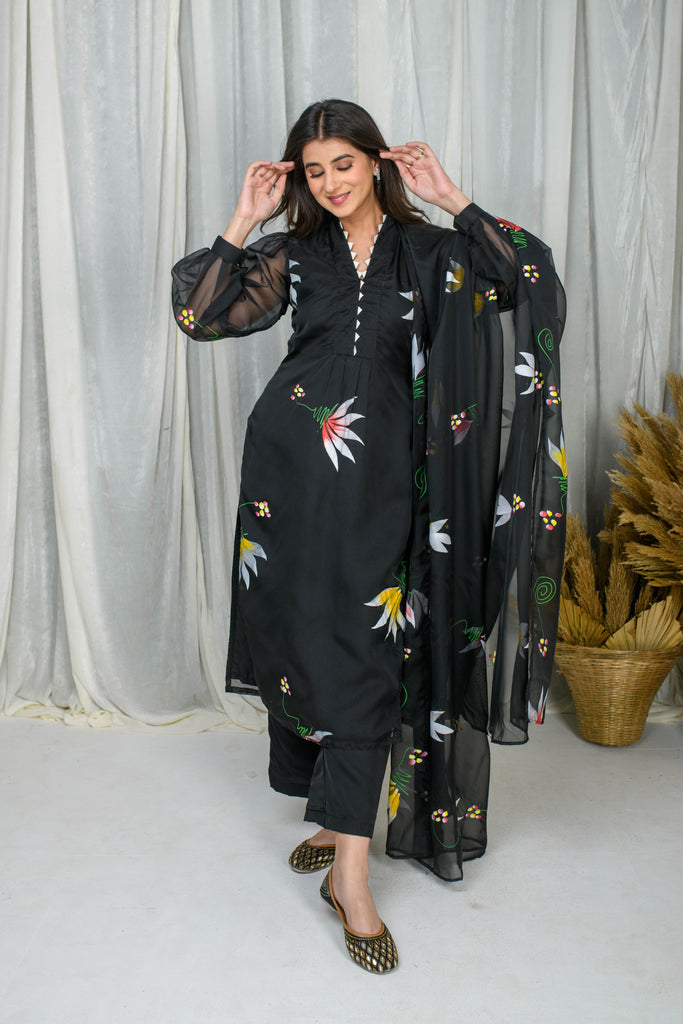 Women's Black Hand Painted Straight Kurta Set