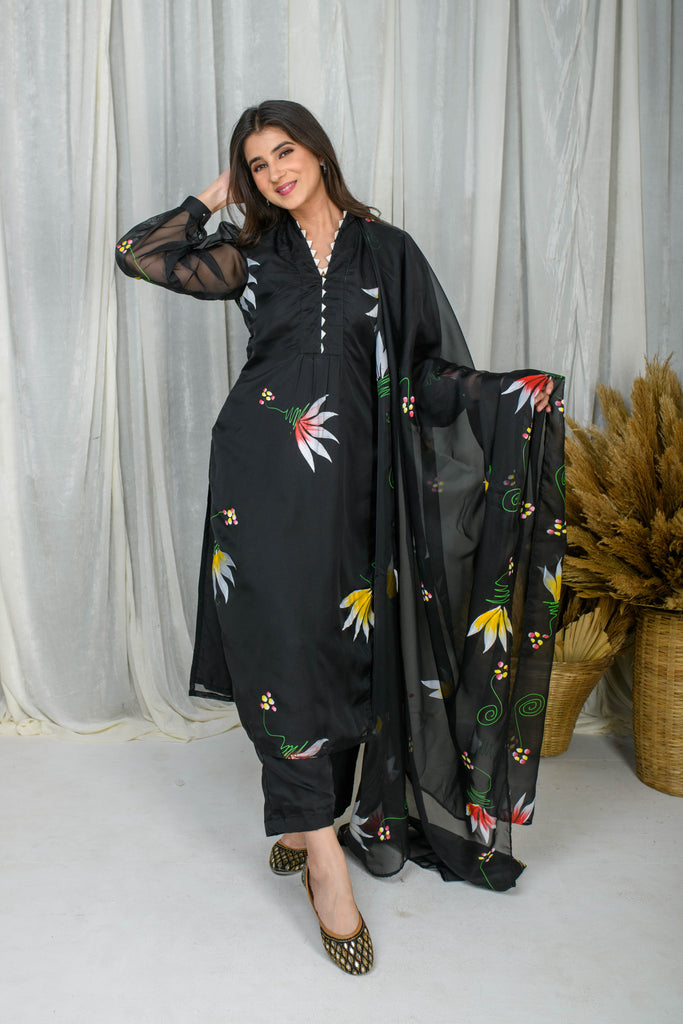 Women's Black Hand Painted Straight Kurta Set