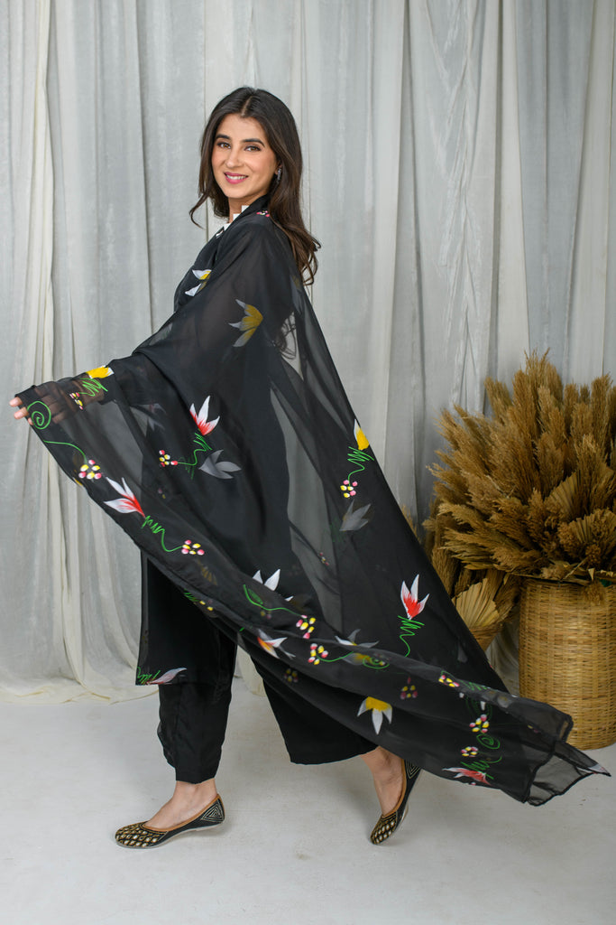 Women's Black Hand Painted Straight Kurta Set