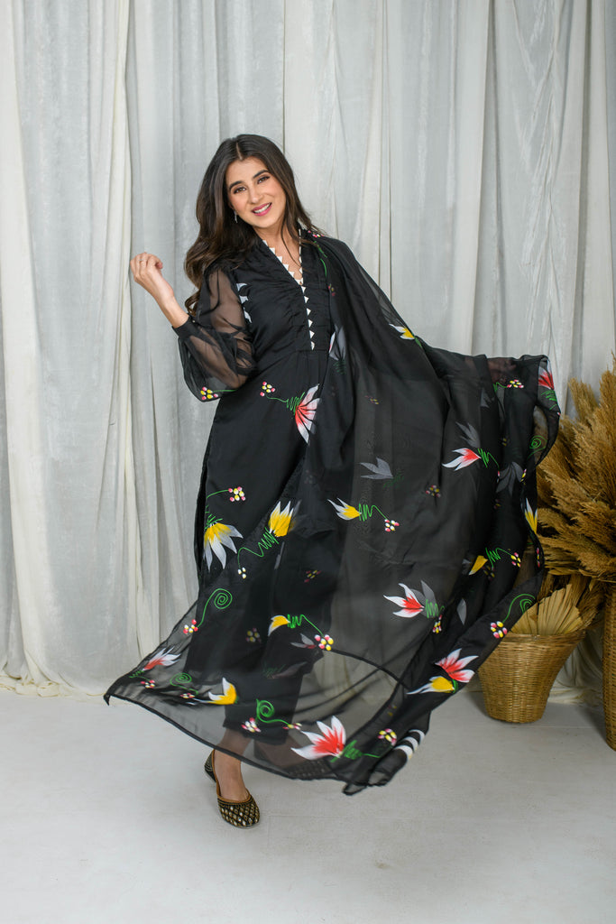 Women's Black Hand Painted Straight Kurta Set