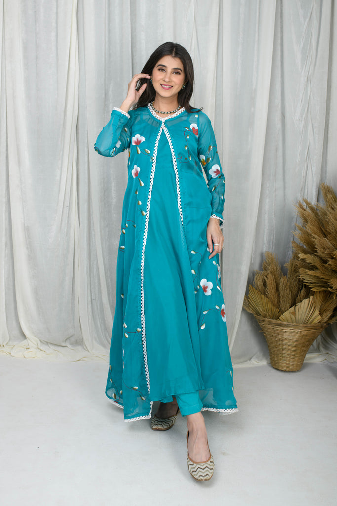 Women's Teal Blue Hand Painted Anarkali With Jacket