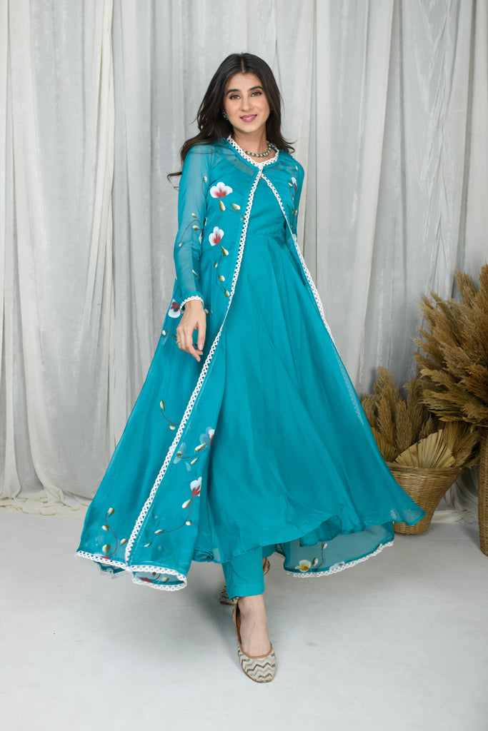Women's Teal Blue Hand Painted Anarkali With Jacket