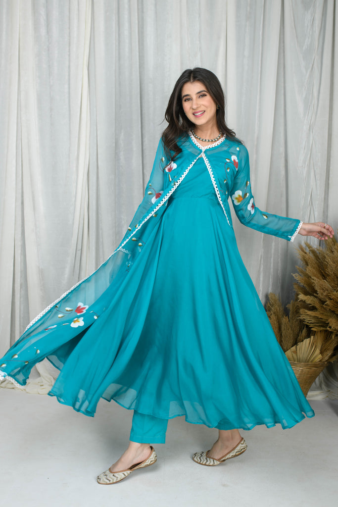 Women's Teal Blue Hand Painted Anarkali With Jacket