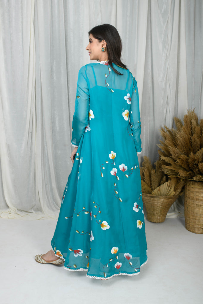 Women's Teal Blue Hand Painted Anarkali With Jacket