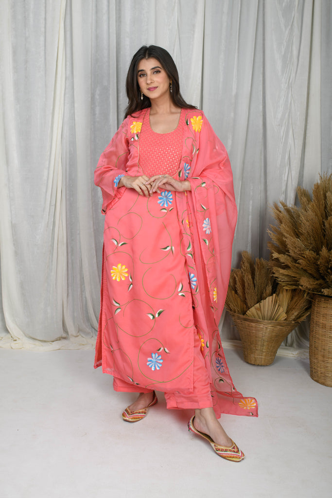 Women's Light Pink Embroidered Handpainted Kurta Set