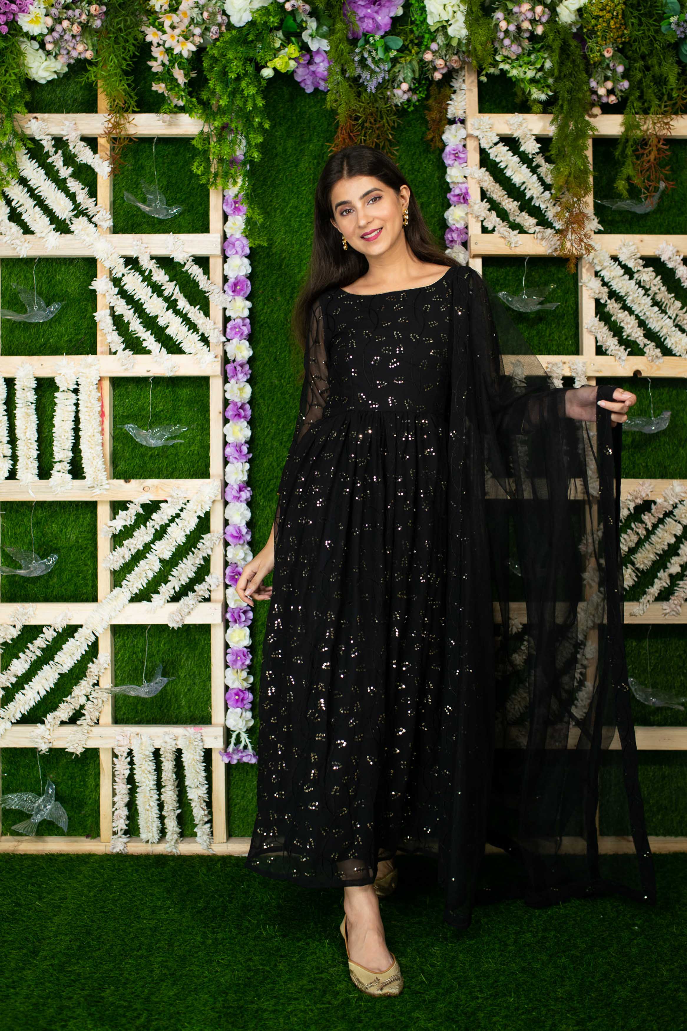 Women's Black And Golden Anarkali