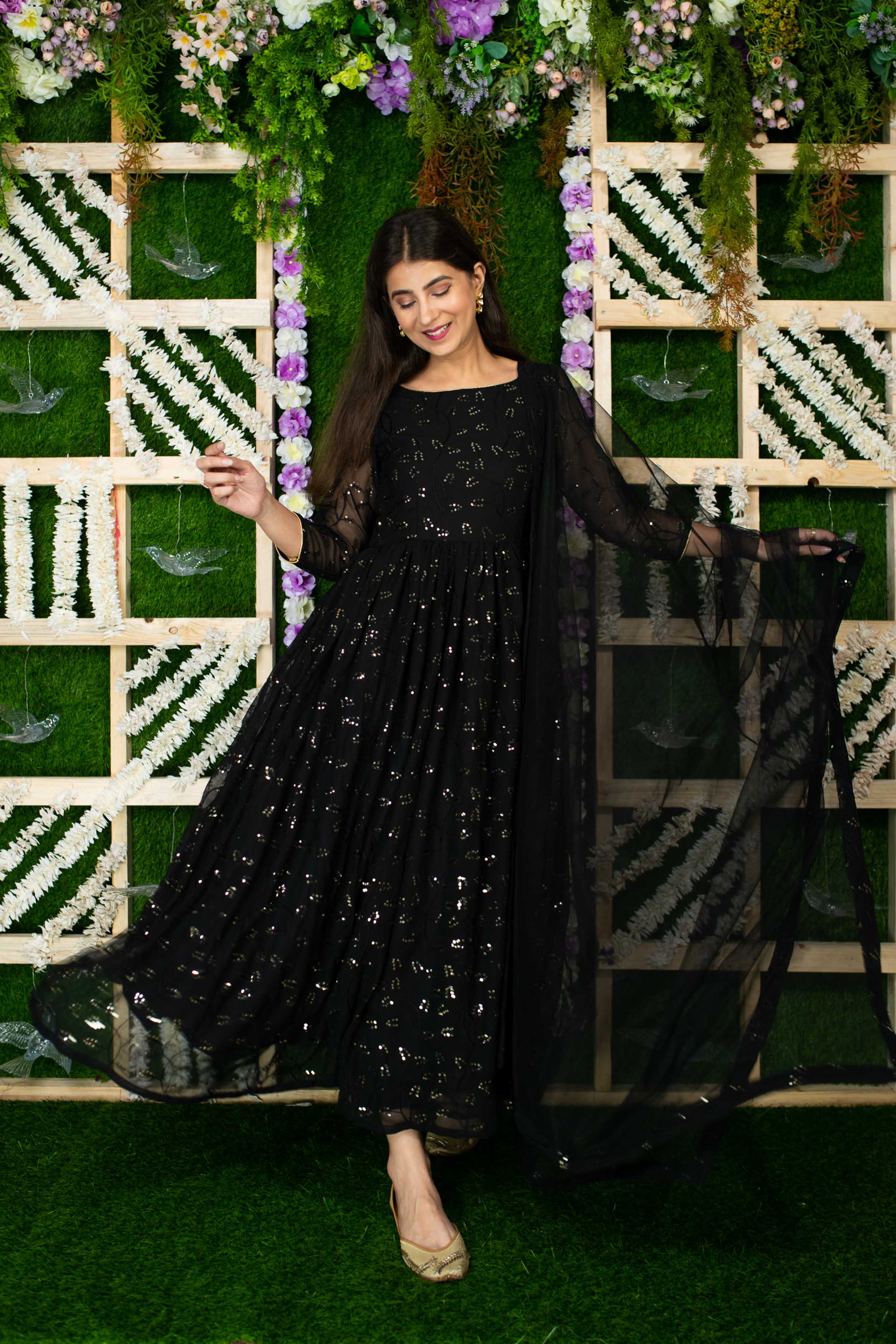 Women's Black And Golden Anarkali