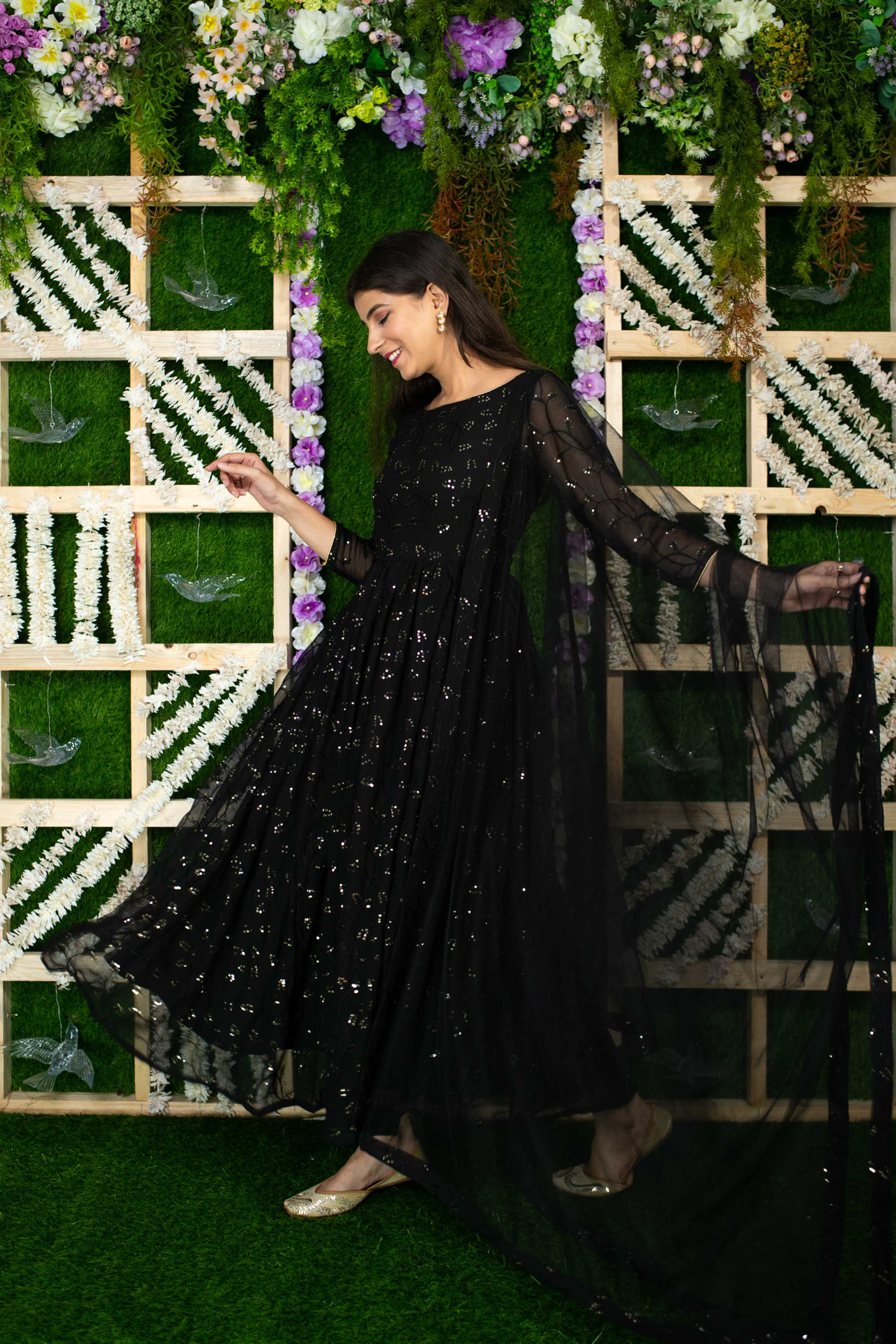 Women's Black And Golden Anarkali