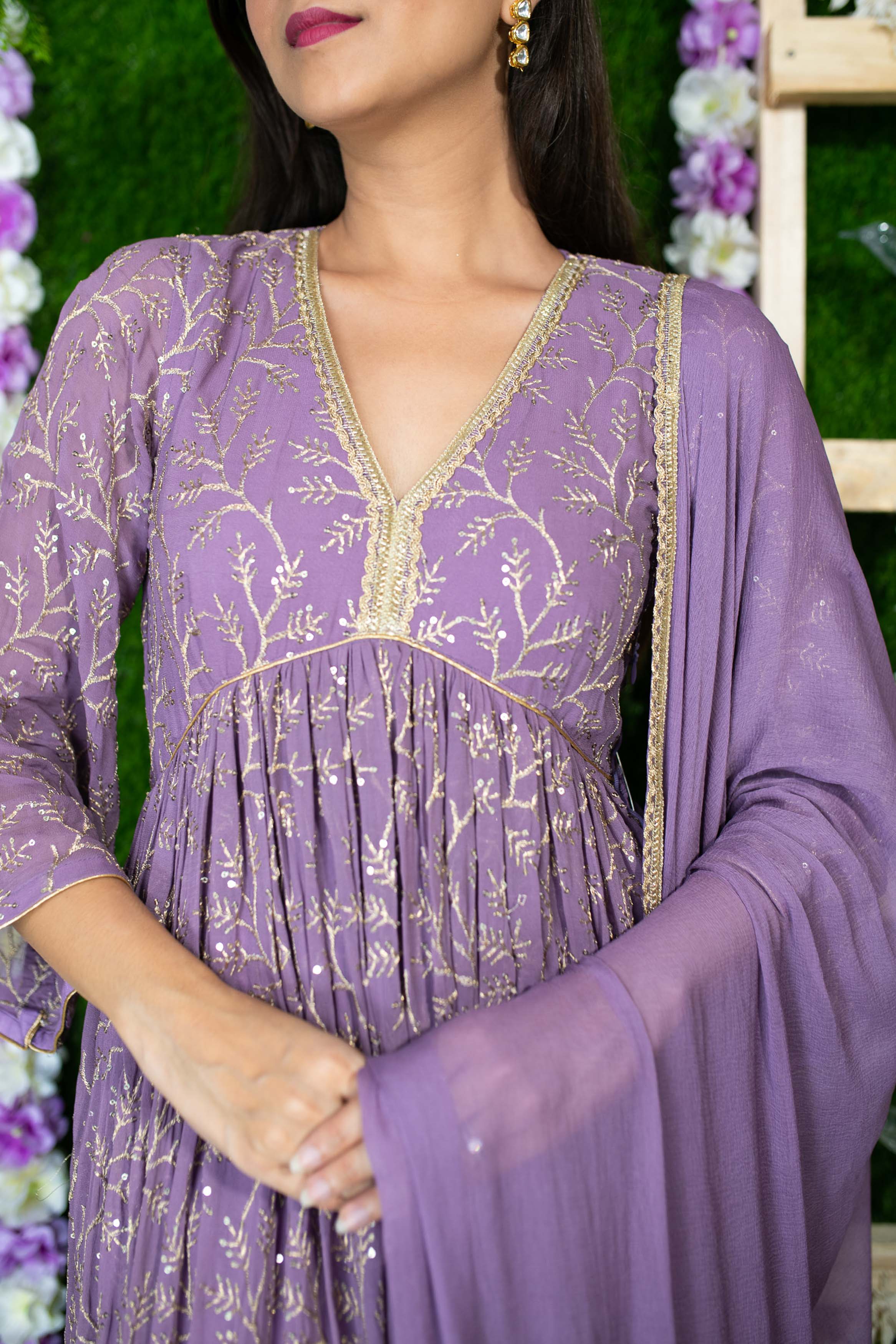 Women's Violet Gold Thread Work Anarkali - Label Shaurya Sanadhya USA