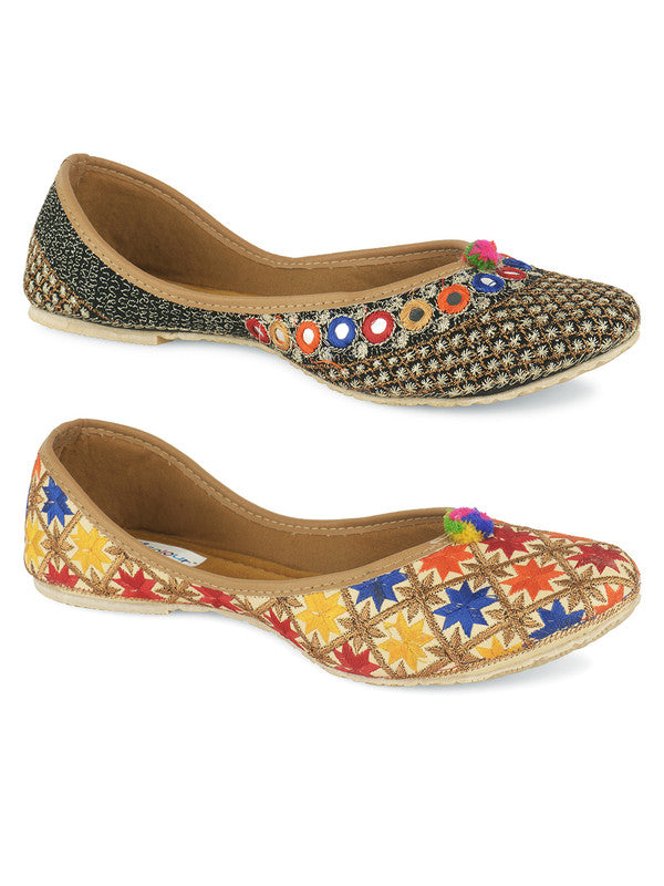 Women's Multicolour Combo of 2 Pair of Embroidered Indian Handcrafted Ethnic Comfort Footwear