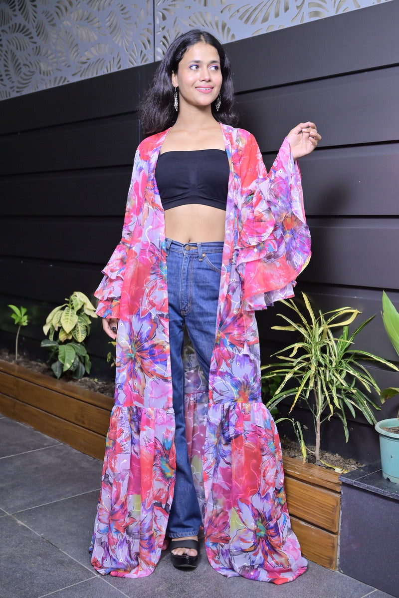 Women's Georgette Digital Printed Pink Shrug