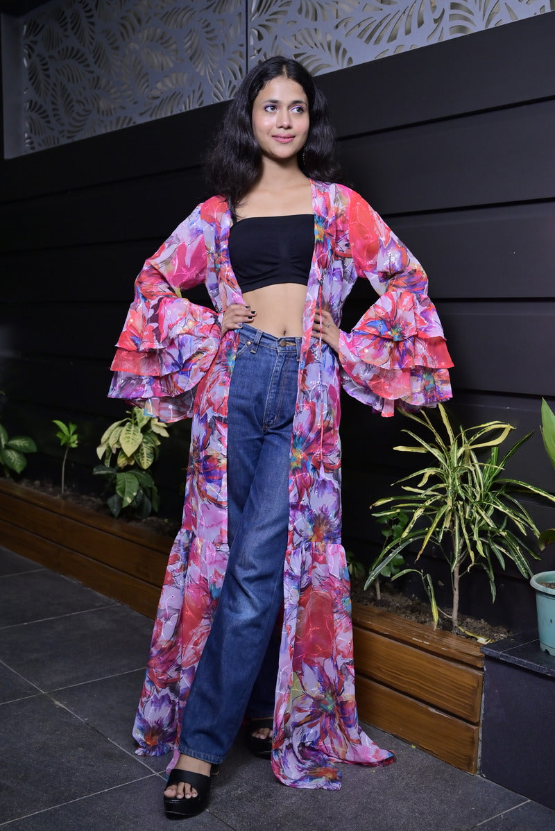 Women's Georgette Digital Printed Pink Shrug