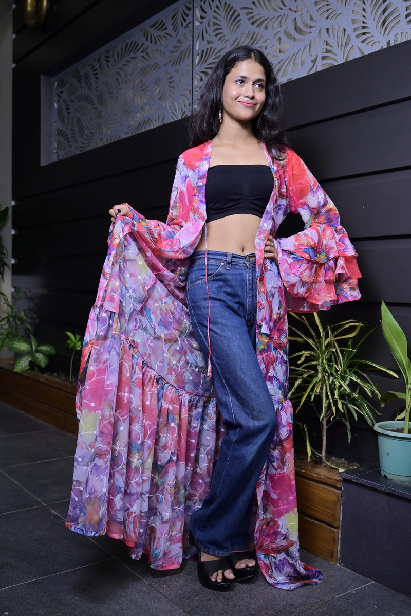 Women's Georgette Digital Printed Pink Shrug