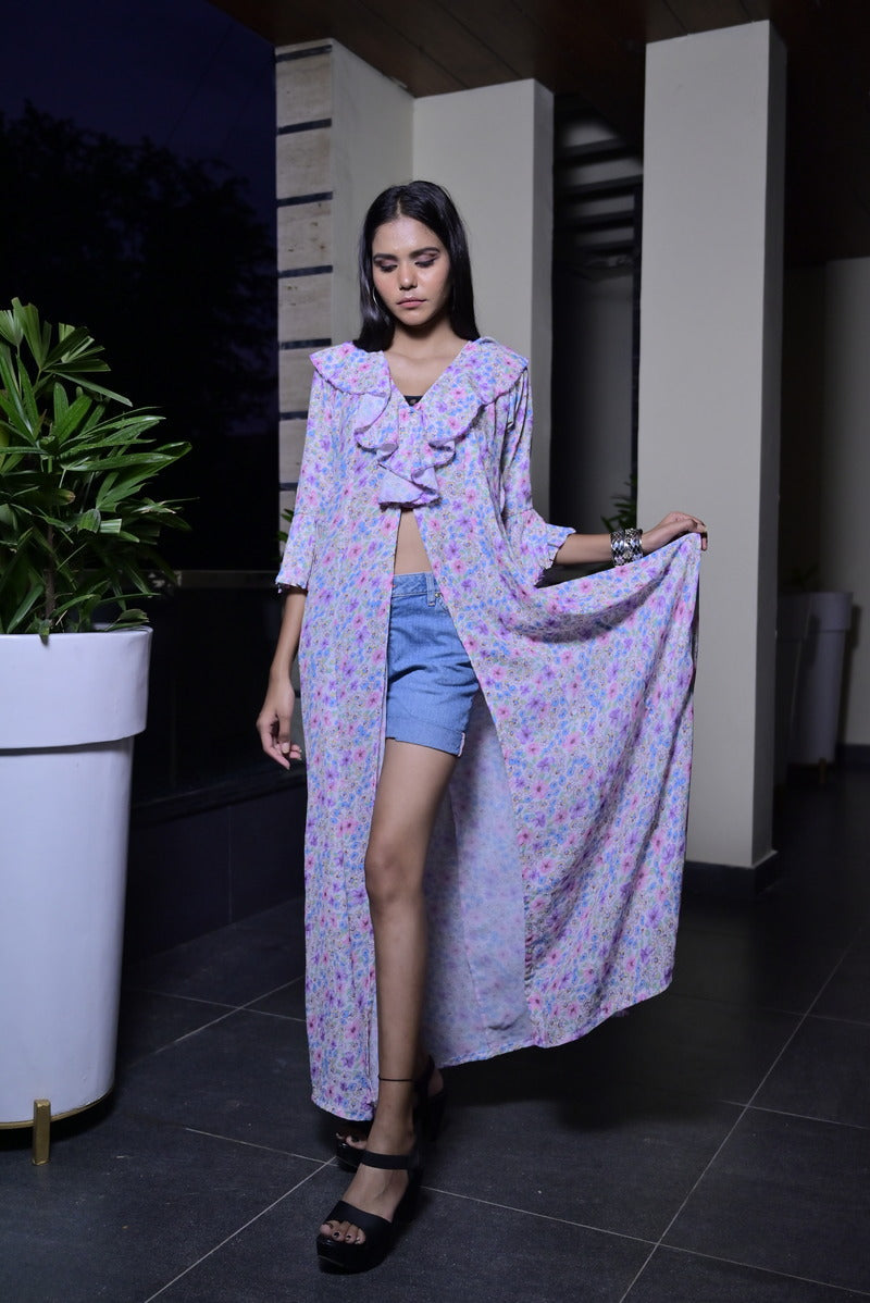 Women's Georgette Purple Flower Printed Shrug