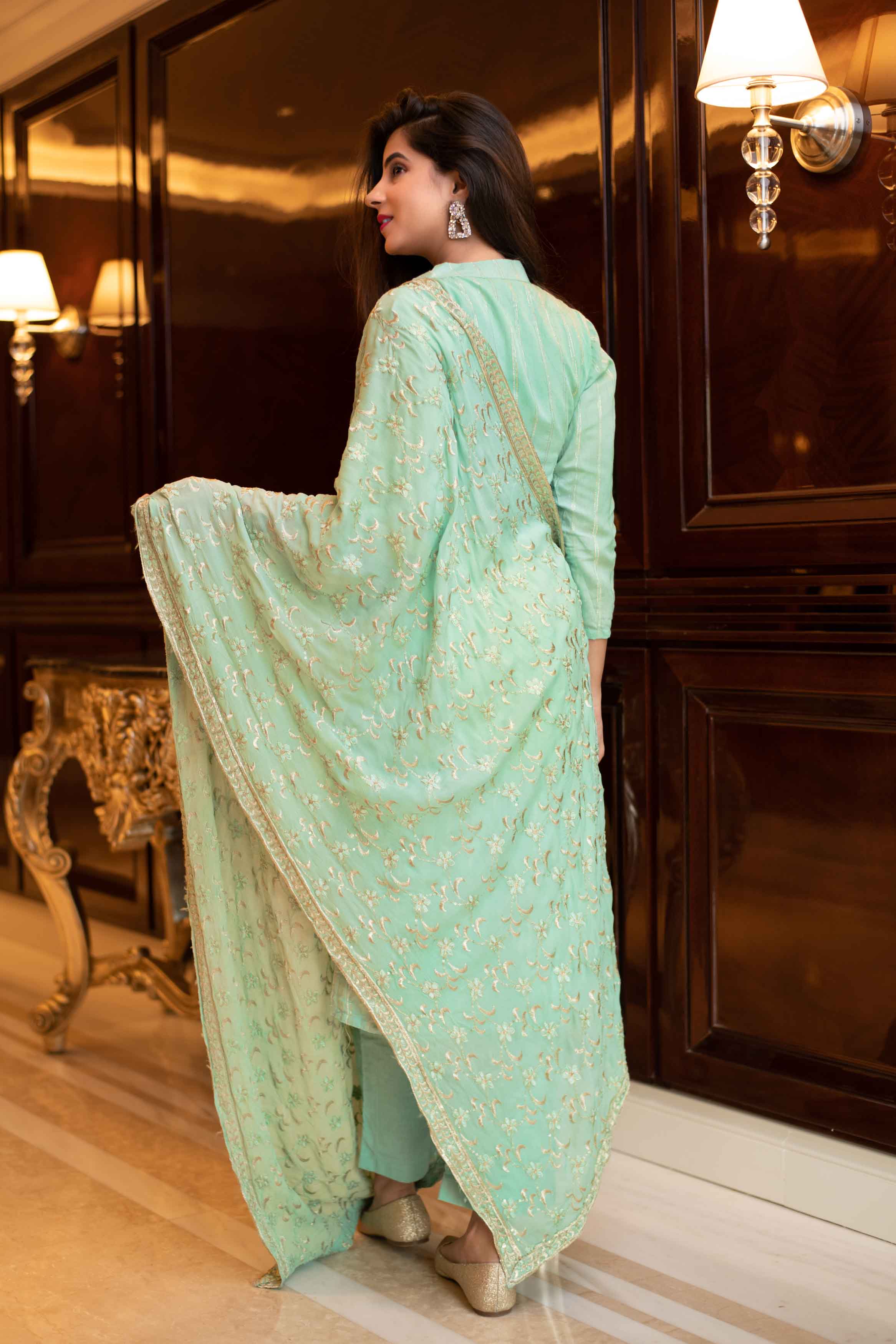 Women's Pista Green Kurta Set With Chinon Heavy Zari Work Dupatta (3pcs Set)
