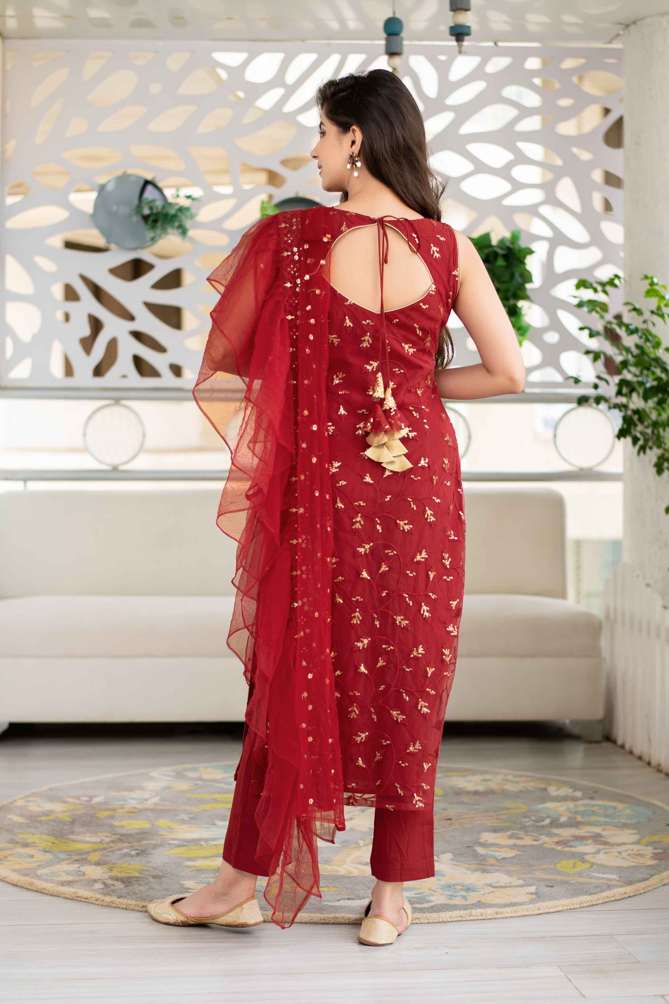 Women's Red Sequin Kurta Suit Set With Net Ruffle Dupatta Label Shaurya Sanadhya USA
